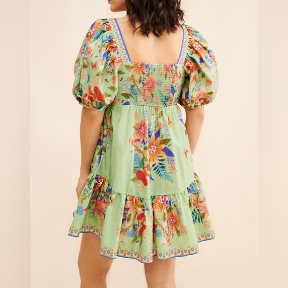 Farm Rio Bright Yard Floral Puff Sleeve Ruffled Tiered Mini Dress Size S - Picture 7 of 13